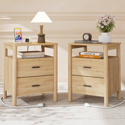 20" Large Nightstand Set of 2 with Charging Station, Solid Round Post Legs, 2 Drawers End Table with Open Shelf