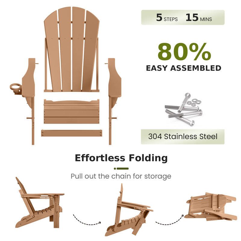 Besteiro Adirondack HDPE Foldable Chair Wood Texture  With Cup Holder, Teak