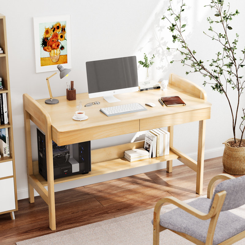 Solid Wooden Desk with Drawers, Manual Standing Desk Adjustable Height with Cable Hole, 31.7" H x 40.5'' W x 23.6'' D