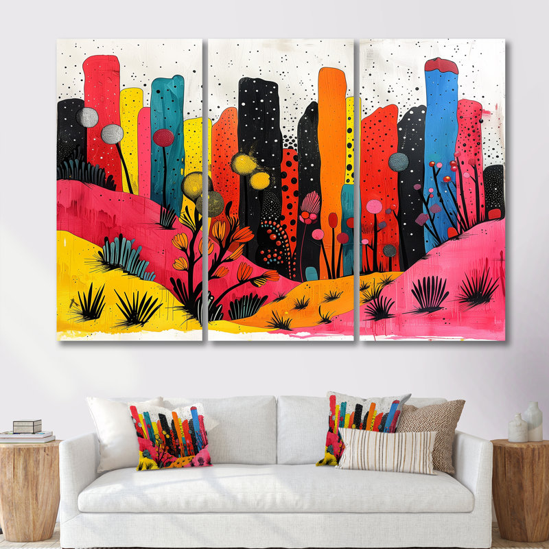 «Orange Orange Cityscape Pop Art I», ensemble d'art mural gratte-ciel, Toile tendue, H 32 po x l 16 po x P 1 po
