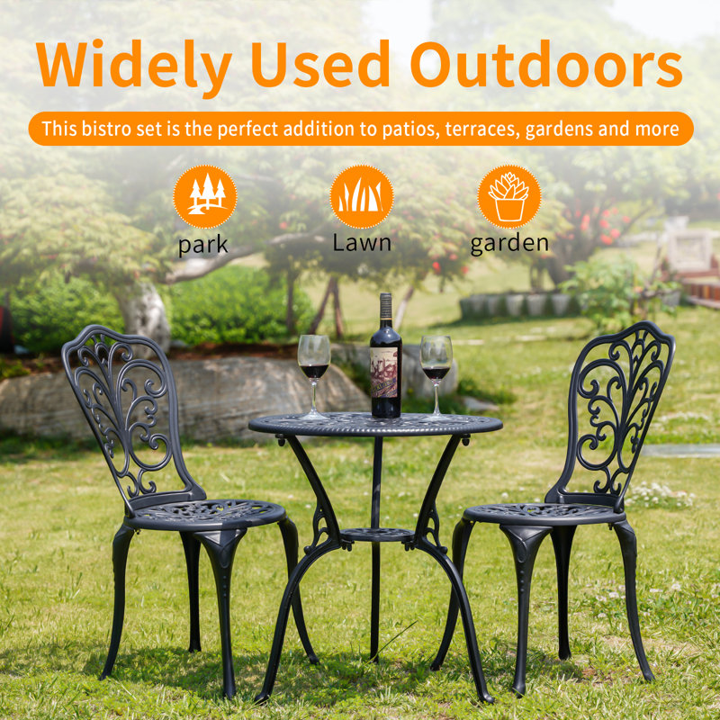 Olivar Round 2 - Cast Aluminum Bistro Set with Umbrella Hole Outdoor Table and Chairs Set of 2 for Garden,Black