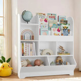46.7"h X 42.3"w Toy Storage Organizer, Multifunctional Wood Bookcase With 4 Display Shelves And 7 Storage Bins, Cube Book Shelf  For Playroom, White