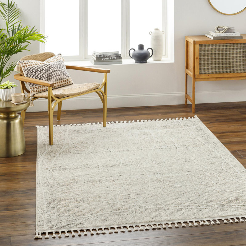 Tapis rectangulaire gris clair / beige en polyester tissé à la machine Woodbine, Rectangle 9 pi 2 po x 12 pi