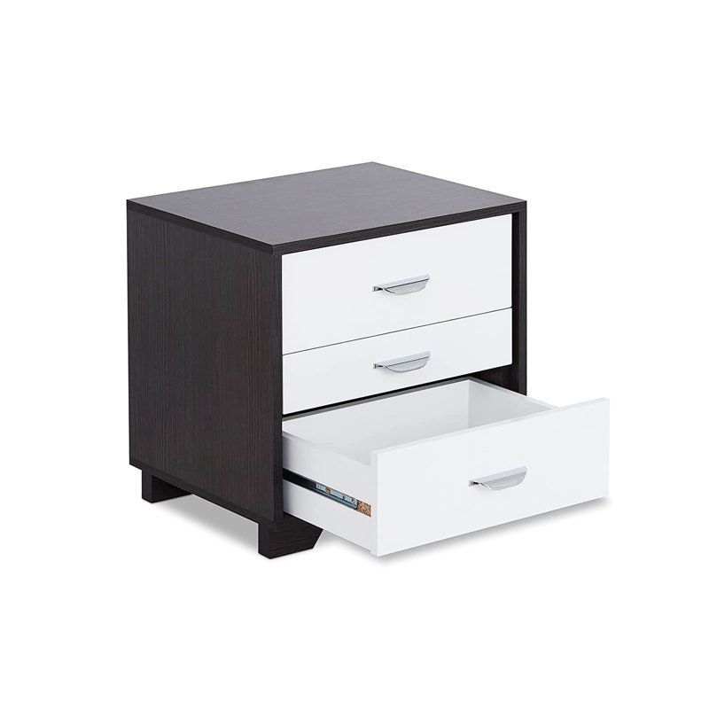 White And Black Rectangular Nightstand With 3 Drawers For Bedroom - Contemporary Style