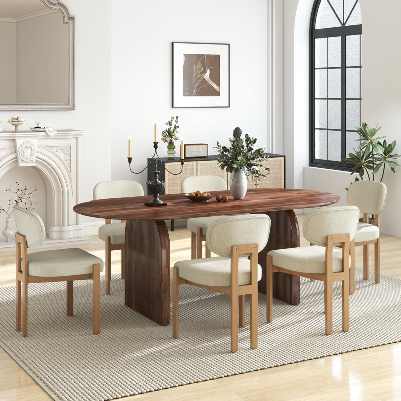 Mid Century Wooden Oval Pedestal Dining Table Sets, 7 Pieces: Table, 6 Chairs, Beige, Brown