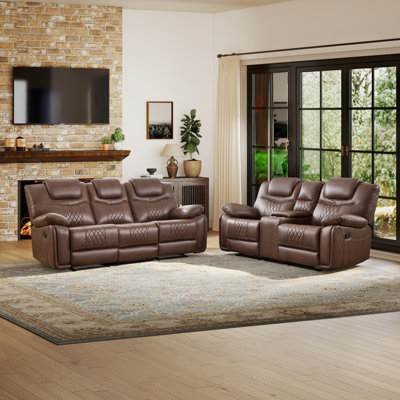 2-Piece Classic Faux Leather Living Room Set With Reclining Loveseat & Chair, Console With Cup Holders & Storage