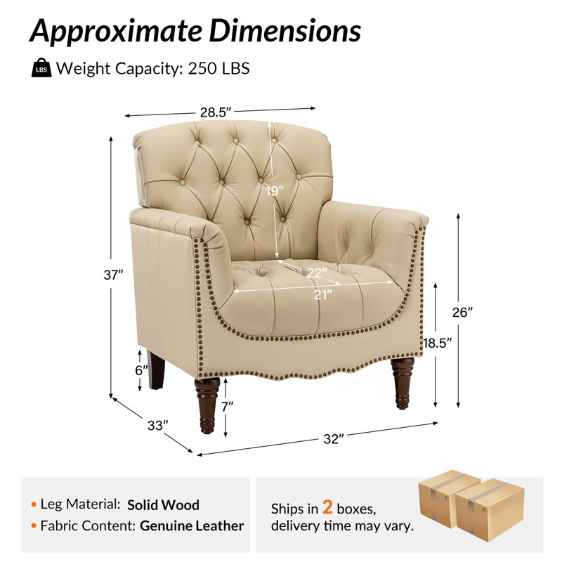 Fauteuil en cuir véritable capitonné Annja, Beige