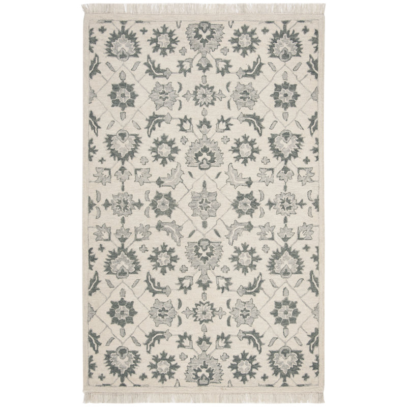 Tapis floral vert / gris en laine / coton touffeté à la main Adalyn, Rectangle 3 pi x 5 pi