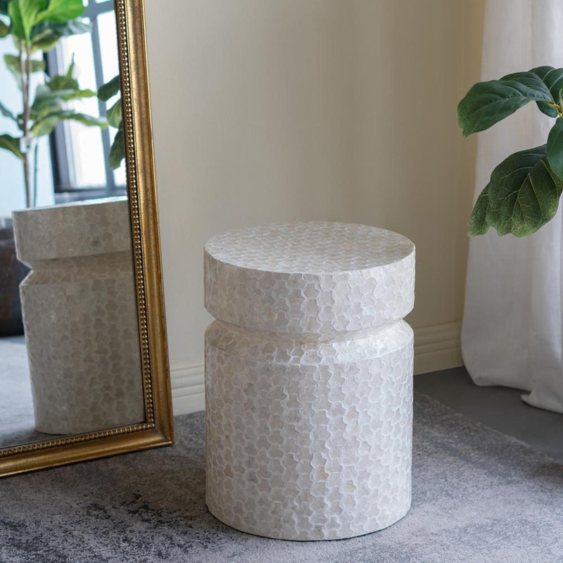 Capiz Cylinder End Table with Geometric Inlay