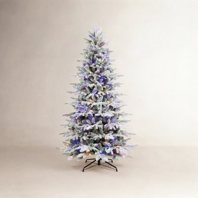 Two Lighting Colors Flocked Christmas Tree, PE & PVC Mixed Branch Tips, Foldable Metal Base