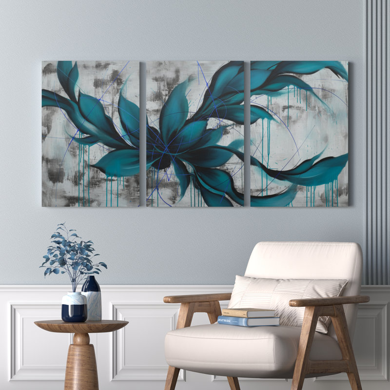Abstrait art floral bleu sarcelle sur toile tendue, ensemble de 3 reproductions, H 24 po x l 48 po