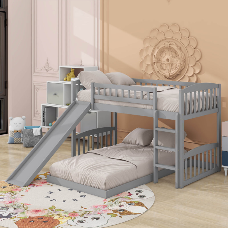 Lit mezzanine simple avec glissoire et échelle, gris