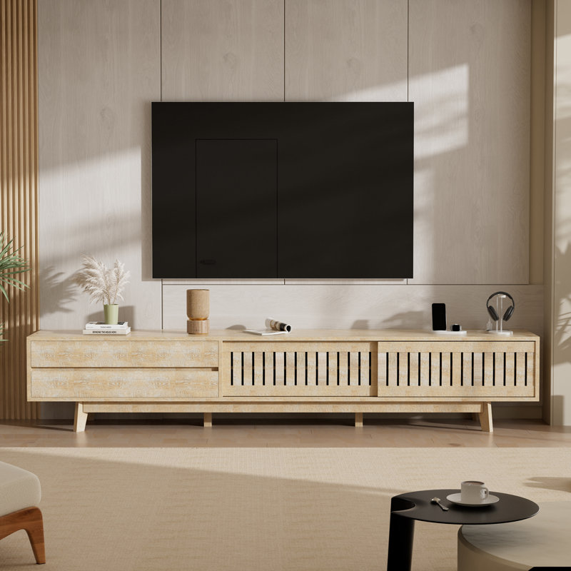 Meuble télé moderne avec tiroir et rangement, 94.49", Bois naturel