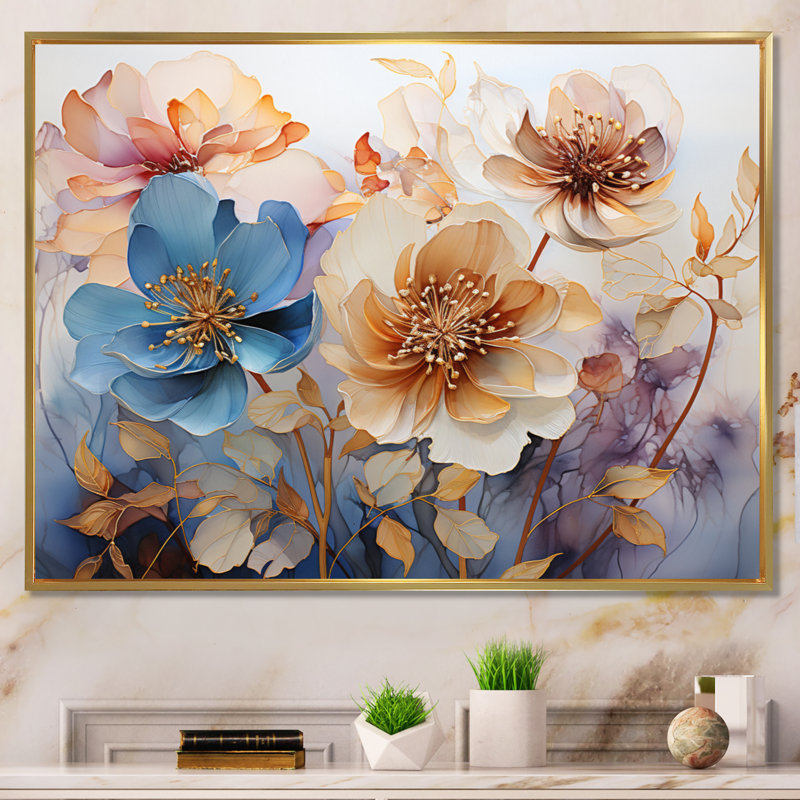 Fleurs bleues mystiques - imprimé, H 12 po x l 20 po x P 1 po, Cadre flottant doré