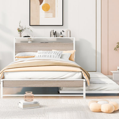 Full Size Metal Bed With Trundle, Interface And Slat Support In White. Unignorable. No Box Spring Needed For Bedroom Trundle Supported, Ports. Modern Rustic Design. Construction, Spring. Extra