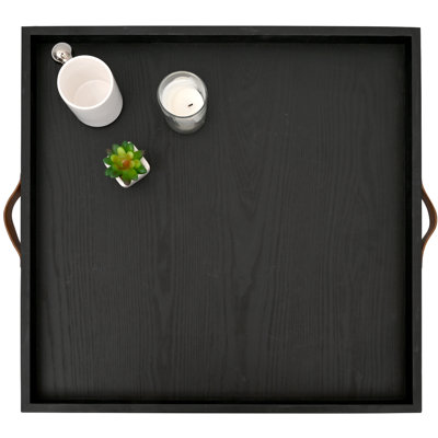 Très grand plateau de repose-pieds carré en bois 24 po x 24 po avec poignées en cuir
