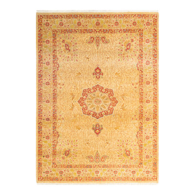 Tapis unique jaune / orange noué à la main 4 pi 8 po x 6 pi 5 po Vershawn Mogul
