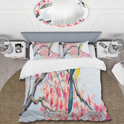 Magnifique oiseau rose sur une branche en fleurs I - Ensemble de housse de couette traditionnel - Microfibre de polyester