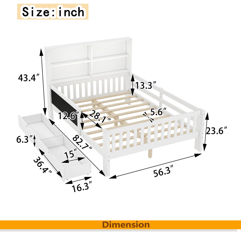 Lit plateforme avec tableau noir, lit plateforme en bois massif avec tiroirs et tablettes de rangement, conception amusante et peu encombrante