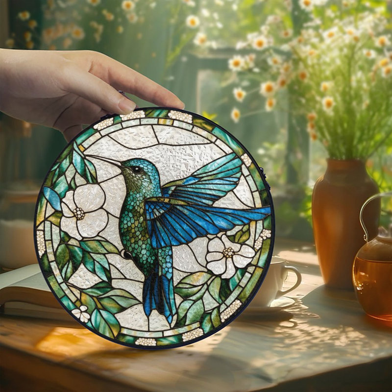 Colibri en vitrail avec fleurs, 6,3 x 6,3 po (16 x 16 cm)