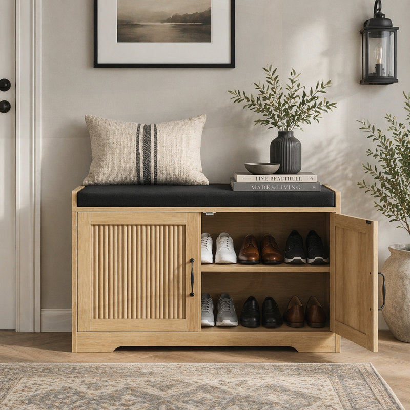 Banc à chaussures de 31,5 pouces avec portes doubles et revêtement confortable, idéal pour les couloirs et les entrées, Oak