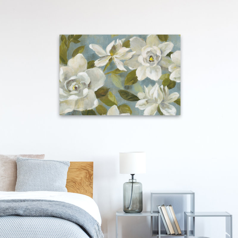 Gardenias sur ardoise bleue - fleurs bleu crème floral, H 36 po x l 24 po