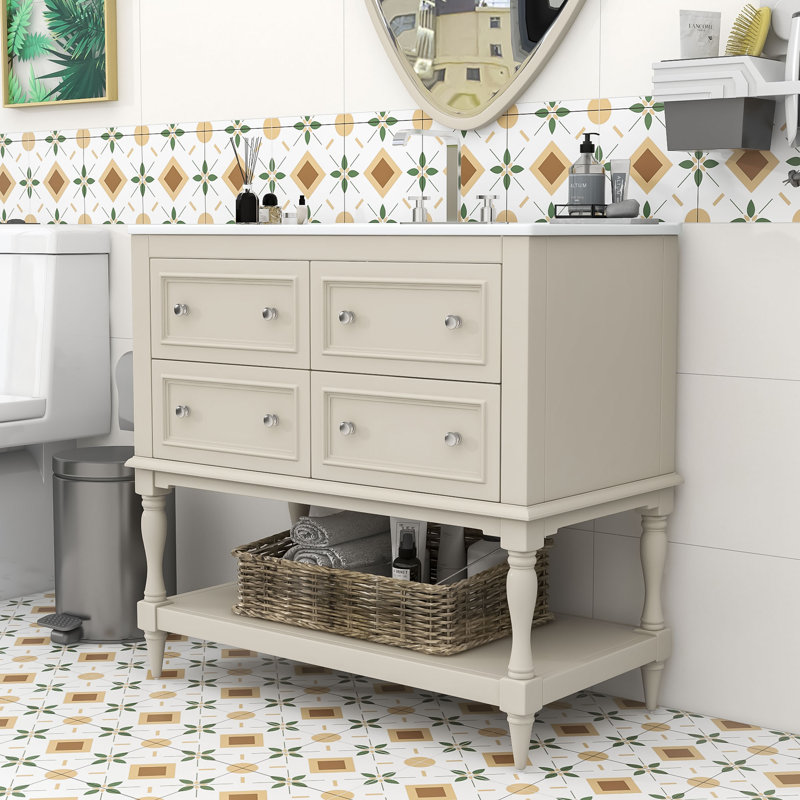 Ellishia 36-Inch Freestanding Bathroom Vanity Cabinet Set with Ceramic Sink and Adjustable Storage, Beige