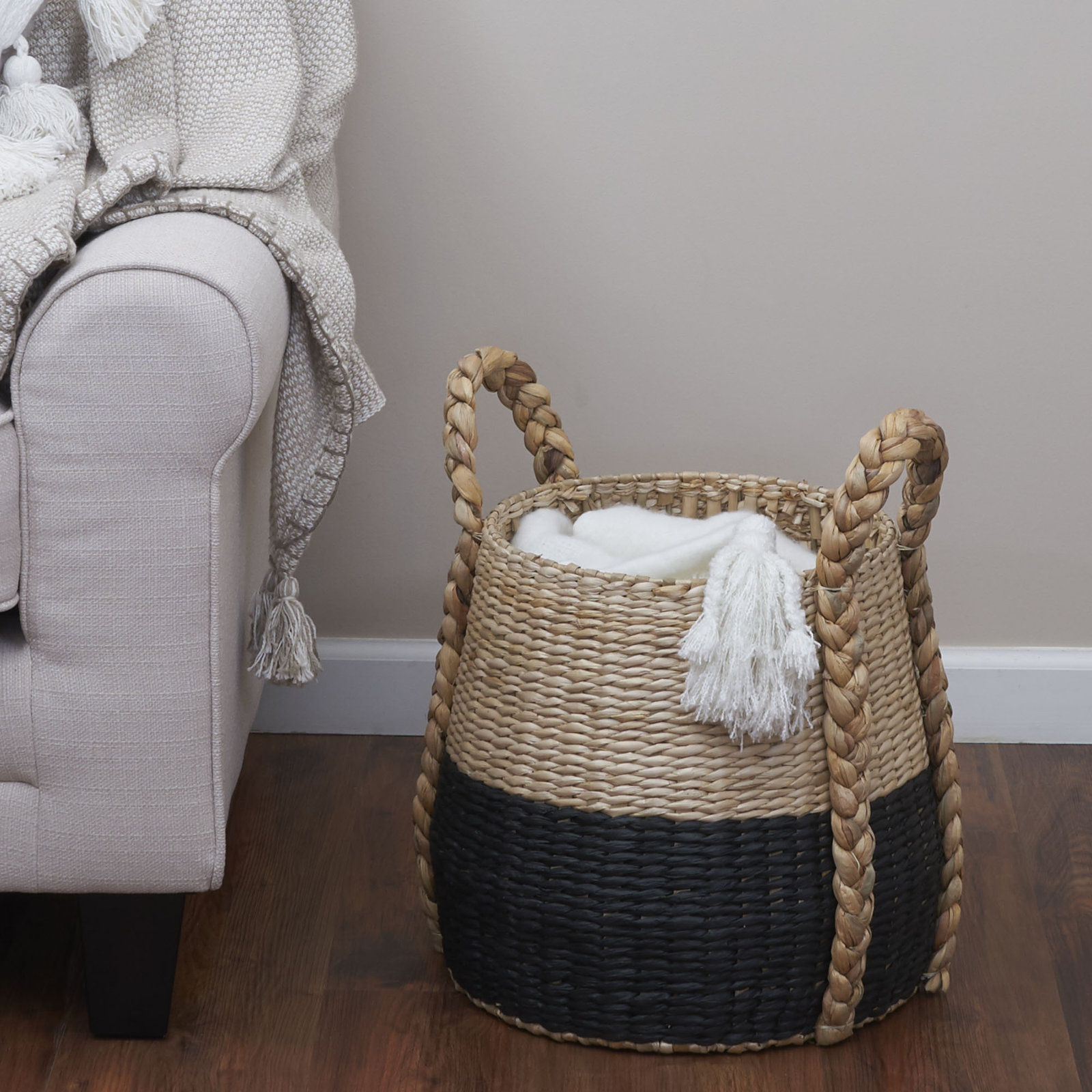 Armadi Two Tone Wicker Basket with Handles, Black