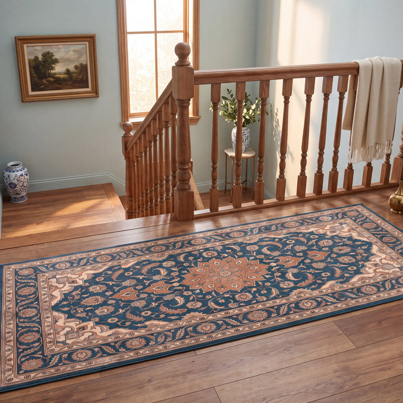 Tapis Urgup traditionnel persan audacieux, bleu sarcelle, or et crème, lavable en machine, antidérapant, à poils courts, pour l'intérieur et l'extérieur, adapté aux animaux domestiques, idéal pour le salon, la chambre, la salle à manger, l'entrée, le couloir ou le bureau.