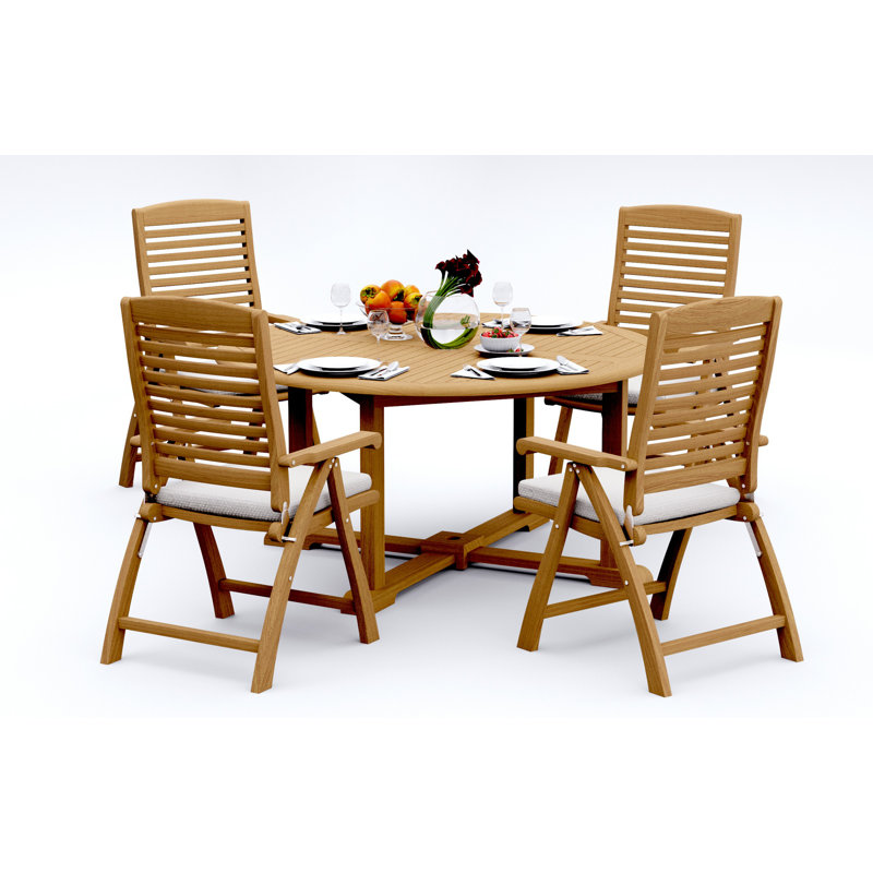 4 Seats 5 Pcs Grade-A Teak Wood Dining Set: 60" Round Table And 4 Ashely Folding Reclining Arm Chairs #11AS1204, 4