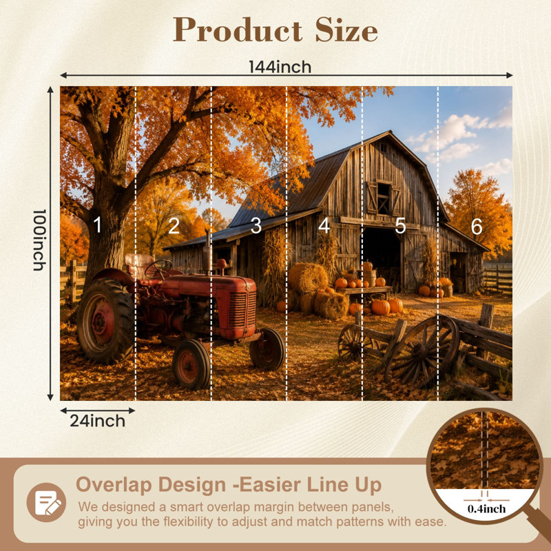 Papier peint mural autocollant de style rustique avec tracteur rouge et citrouilles, décor automnal, pour chambre ou salon. Dimensions : 254 cm (L) x 366 cm (l).
