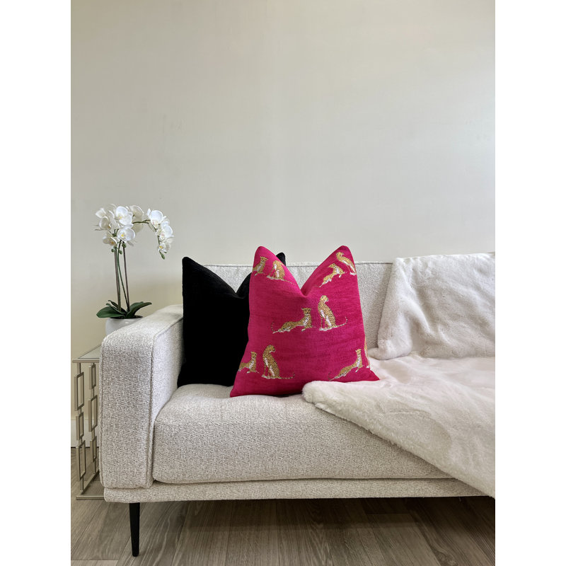 Embroidered Cheetah Chenille Throw Pillow Cover, Fuchsia, 20" H x 20" W