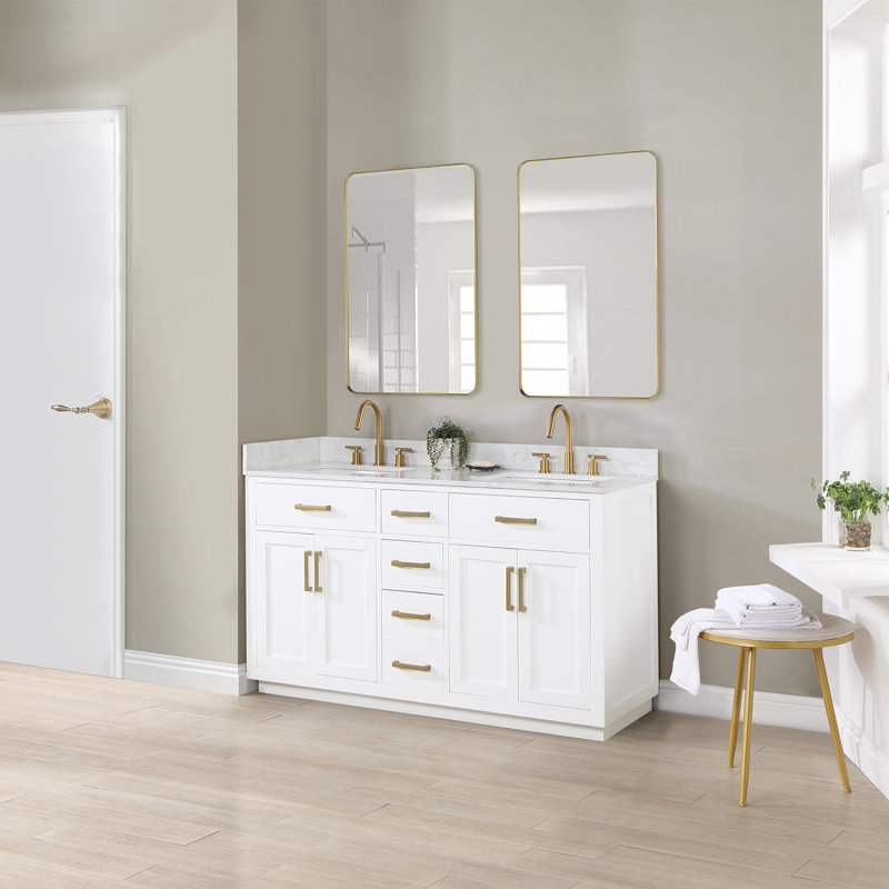 Ensemble de meuble-lavabo double avec miroir Gavino, Blanc, Doré, 60"