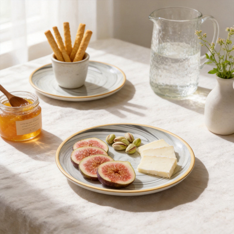 Service de table HomeVSS en porcelaine fine marbrée artisanale avec bordure dorée, 16 pièces pour 4 personnes