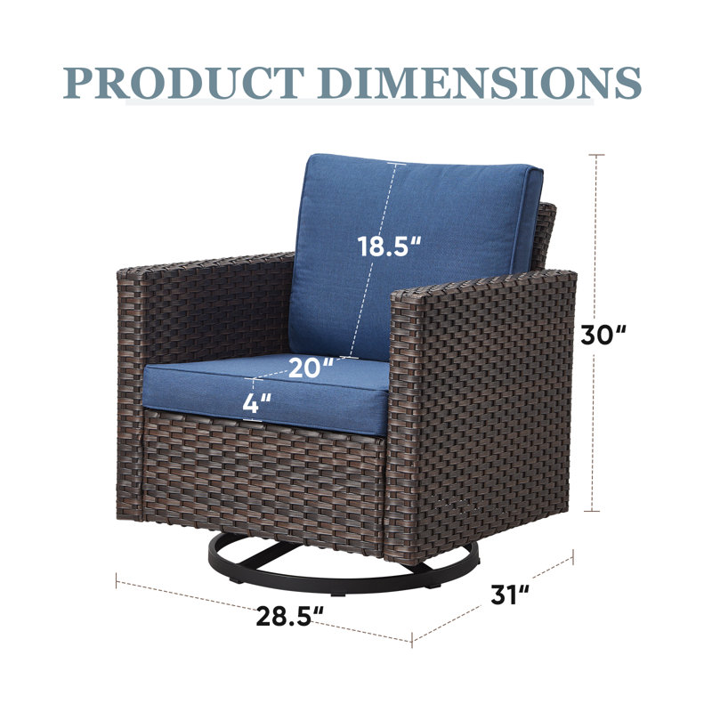  Wicker Swivel Glider Chairs & Side Table With 4 Inch Olefin Cushions, Blue, Brown