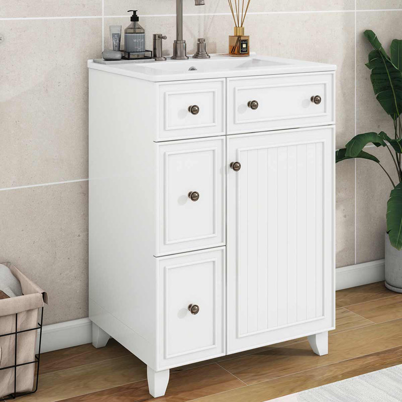 Armoire de meuble-lavabo 24 po avec lavabo en céramique à 2 tiroirs et 1 porte, Blanc