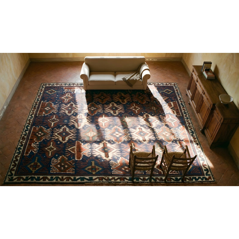 Bold Antique Tribal Geometric Design Caucasian Kilim Flatwoven Area Rug