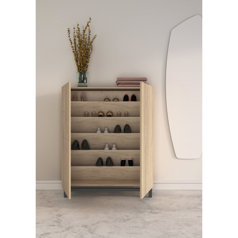 18 Pair Shoe Storage Cabinet, Light Oak/Graphite