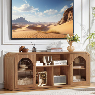 Meuble télé incurvé de 58 po pour téléviseur de 65 po ou moins Aarti, meuble télé moderne avec tablettes réglables et armoire de rangement en verre, console média avec gestion des câbles pour le salon