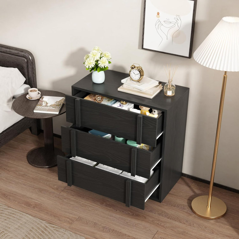 3-Drawer Wooden Nightstand Storage Cabinet with Vertical Integrated Handles, Modern Smooth-Glide Bedside Side Table with Anti-Tip Kit for Bedroom, Entryway, Living Room & Dorm Rooms, Black