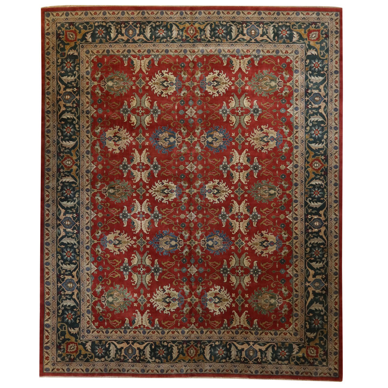 Oriental Hand-Knotted Wool Area Rug in Terracotta/Charcoal/Beige, Rectangle 12'2" x 15'1"