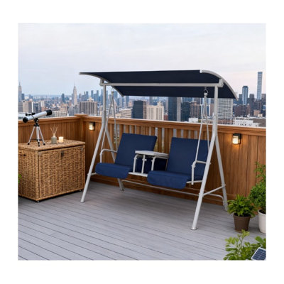 Balancelle d'extérieur bleu foncé avec auvent et structure en acier pour le jardin ou la piscine