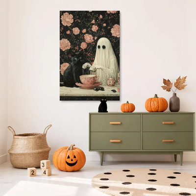 1pc, reproduction d'art sur toile encadrée, fantôme d'Halloween et chat noir