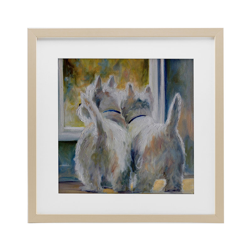 Cinq chiens regardant l'horloge, reproduction sous verre, conception de Mary Sparrow, 16" H x 16" W, Cadre de récolte en pin