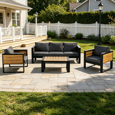 Grand ensemble de mobilier d'extérieur 4 pièces pour 5 personnes avec cadre en aluminium, canapé 3 places, 2 fauteuils avec tables d'appoint rabattables, sièges de jardin / patio modernes, toutes saisons