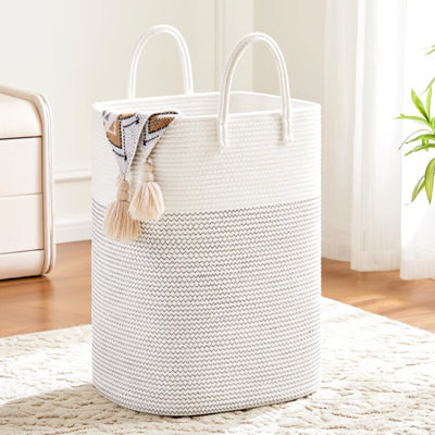 Large Woven Laundry Basket Hamper, Cotton Rope Storage Bin For Blankets, Toys, And Clothes, Decorative Tall Nursery Hamper For Living Room, Bedroom, And Bathroom