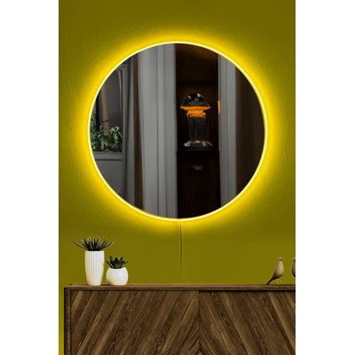 Miroir moderne à DEL avec acrylique incassable incassable, 15,7 pouces de diamètre | Épaisseur de 5 mm, envers en panneau de fibres à densité moyenne et rayures néon jaunes | Parfait pour les salles de bain et les vestiaires | Conception élégante et durable