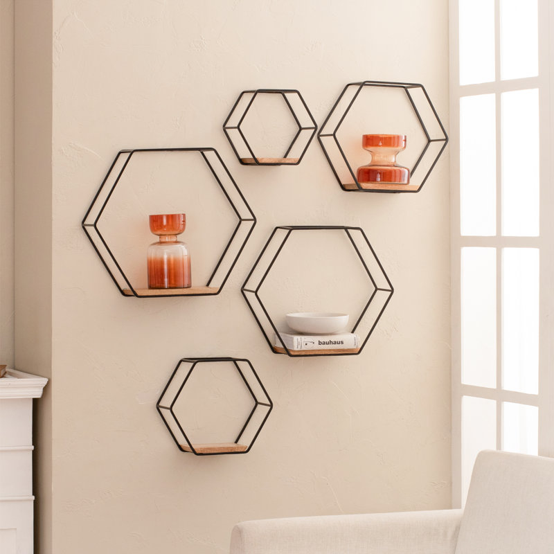 Gardner 5 Piece Hexagon Floating Shelf, Black