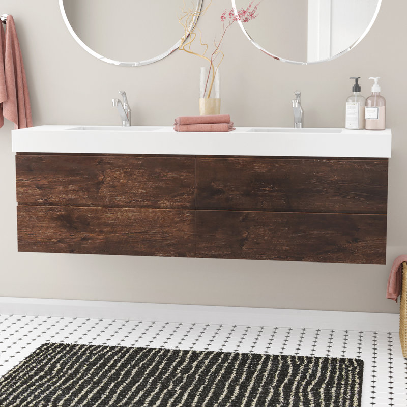 Ensemble de meuble-lavabo double mural 71 po Mitul, Bois de rose