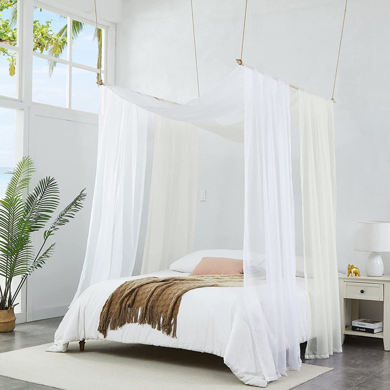 Queen Size White and Beige Canopy Bed Curtains Set